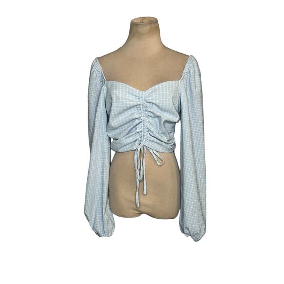 Vestique Blue White Checkered Pattern Long Sleeves Ruched Crop Top size M - Picture 1 of 16